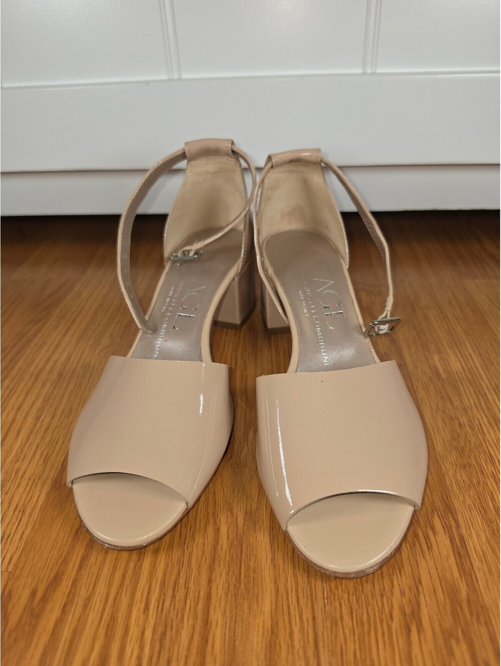 AGL Attilio Giusti Leombruni Nude Patent Leather Peep Toe Block Heel Shoes EU 36